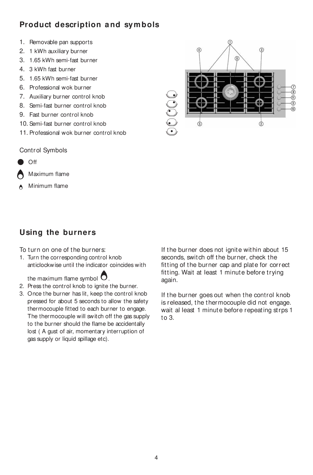 KitchenAid KHPF 9010 Product description and symbols, Using the burners, Control Symbols, To turn on one of the burners 