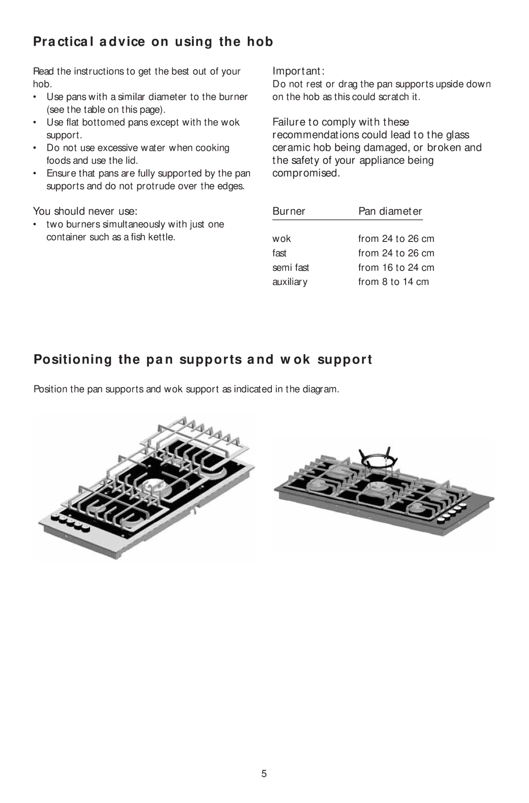 KitchenAid KHPS 9010 Practical advice on using the hob, Positioning the pan supports and wok support, You should never use 