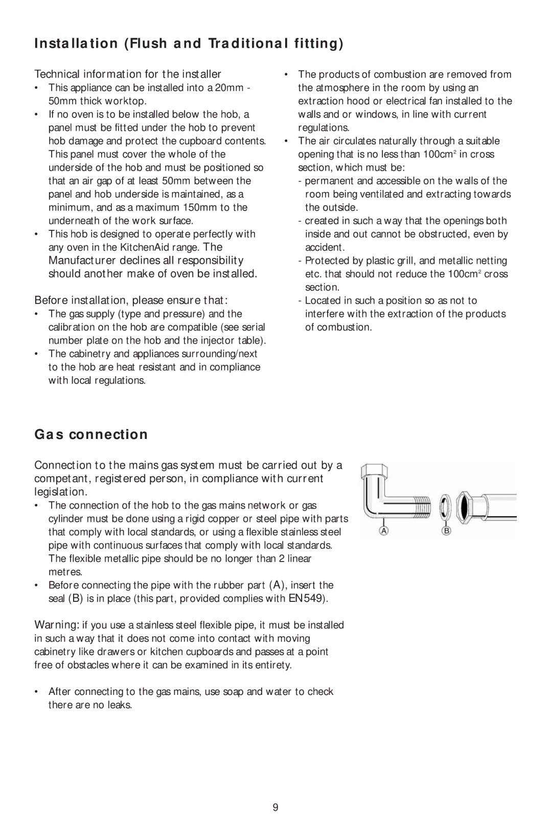 KitchenAid KHPS 9010 Installation Flush and Traditional fitting, Gas connection, Technical information for the installer 