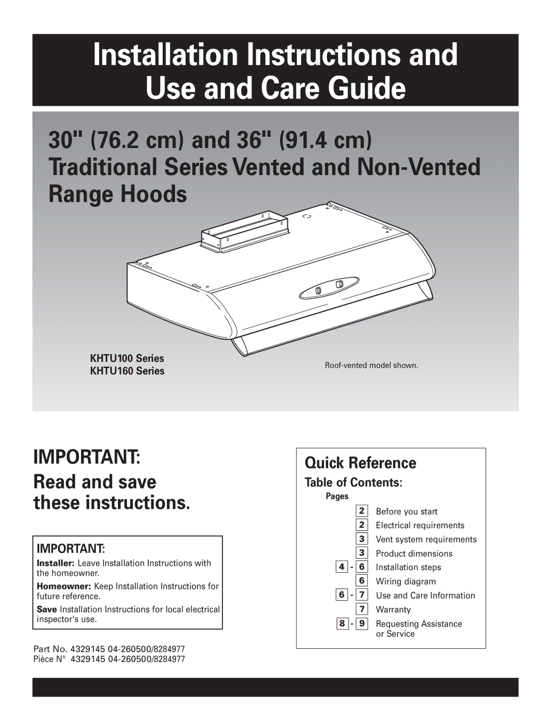 KitchenAid KHTU100 installation instructions Quick Reference, Table of Contents 