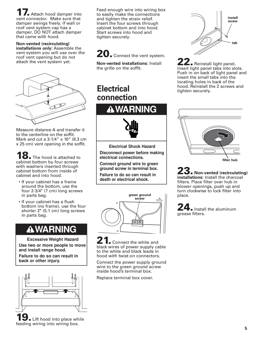 KitchenAid KHTU100 Electrical connection, Non-vented installations Install, Non-vented recirculating 