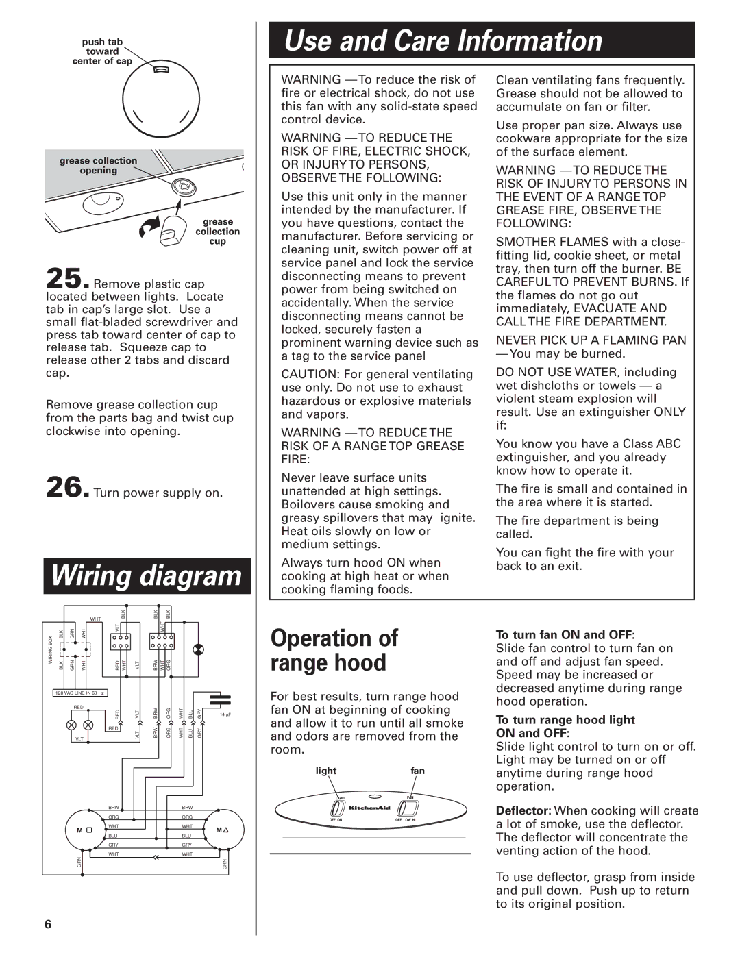 KitchenAid KHTU100 Use and Care Information, Wiring diagram, Operation of range hood, To turn fan on and OFF 