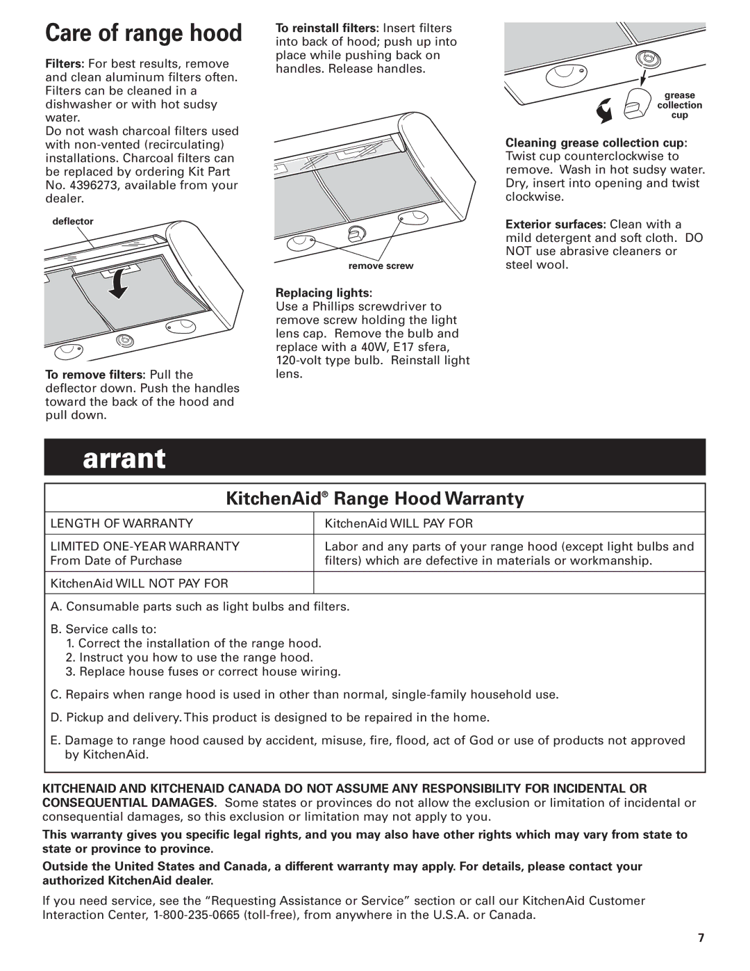 KitchenAid KHTU100 installation instructions Warranty, Replacing lights 