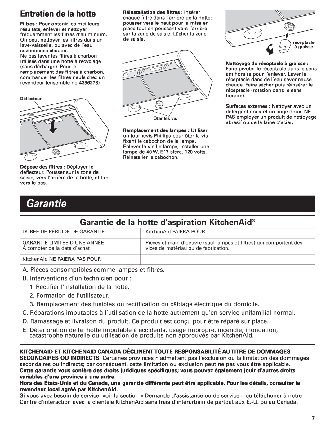 KitchenAid KHTU100 installation instructions Entretien de la hotte, Garantie de la hotte daspiration KitchenAid 