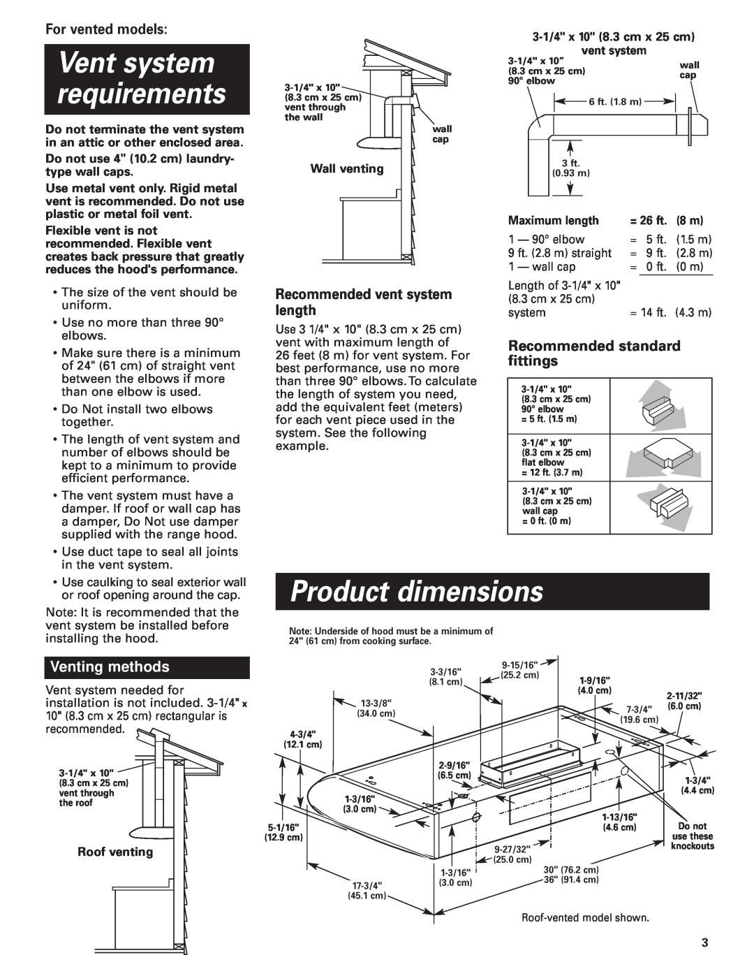 KitchenAid KHTU100 Product dimensions, Vent system requirements, For vented models, Recommended vent system length 