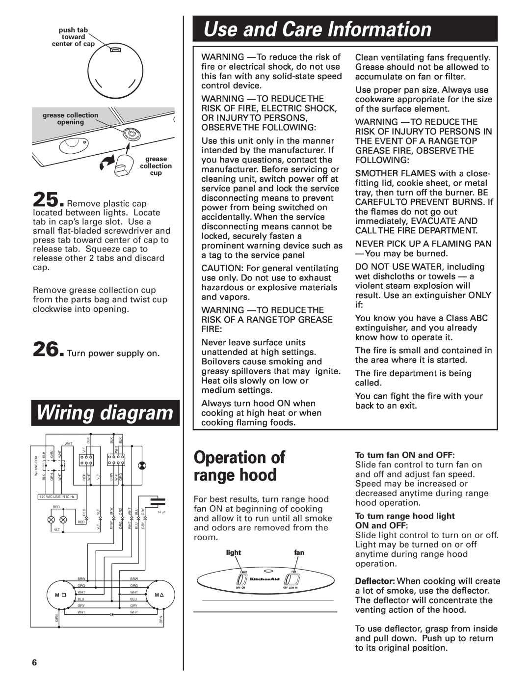 KitchenAid KHTU100 installation instructions Use and Care Information, Wiring diagram, Operation of range hood 