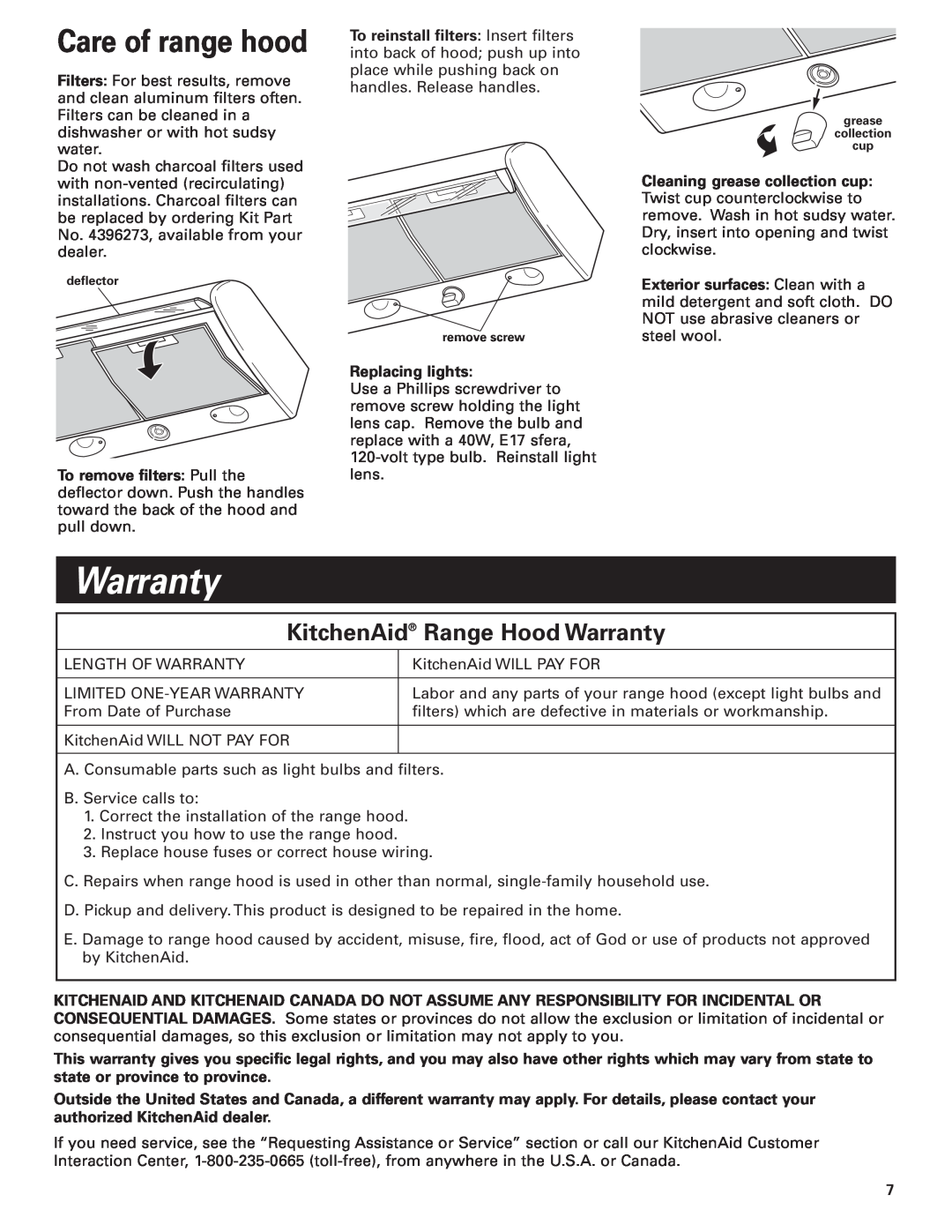 KitchenAid KHTU100 installation instructions Care of range hood, KitchenAid Range Hood Warranty 