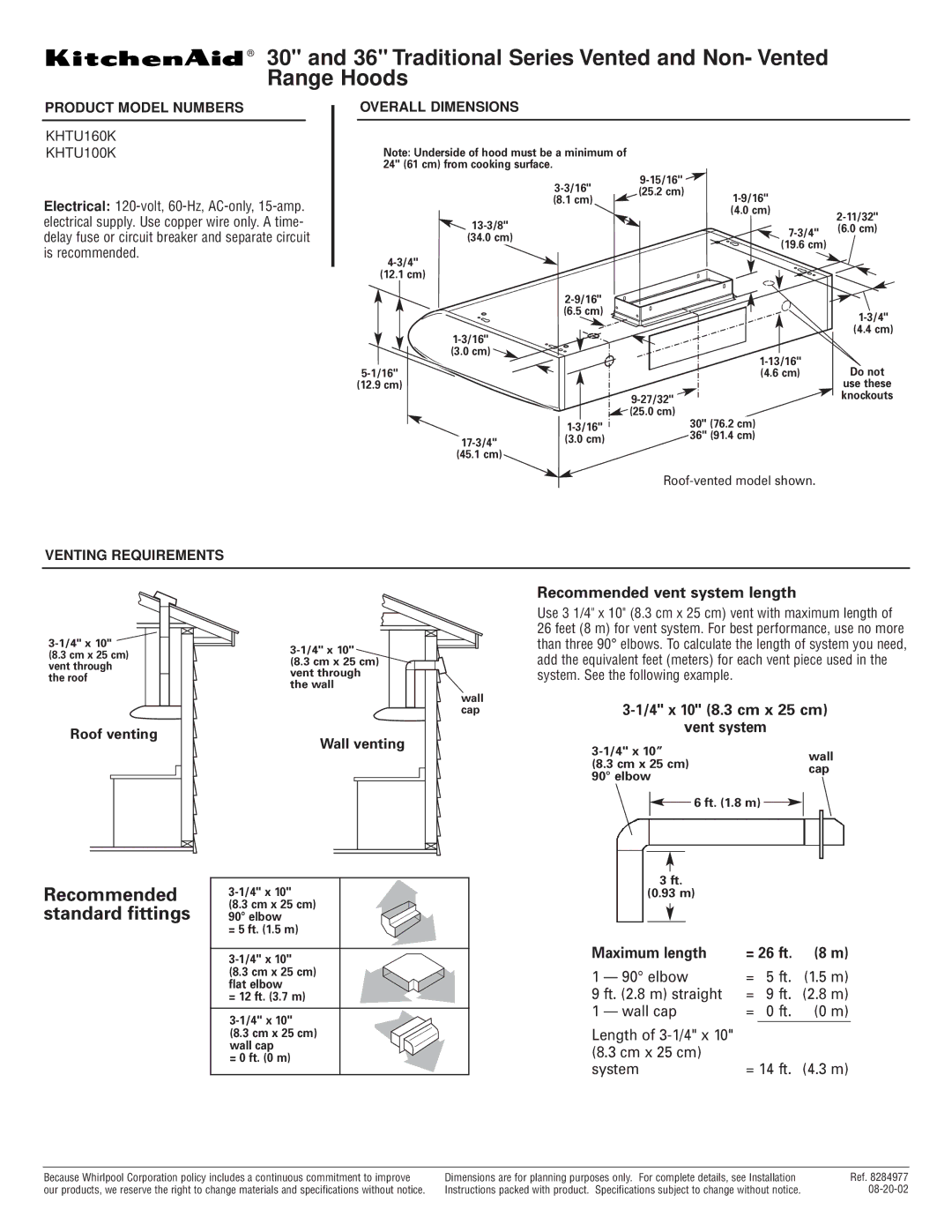 KitchenAid KHTU160K dimensions Traditional Series Vented and Non- Vented Range Hoods, Recommended standard fittings 