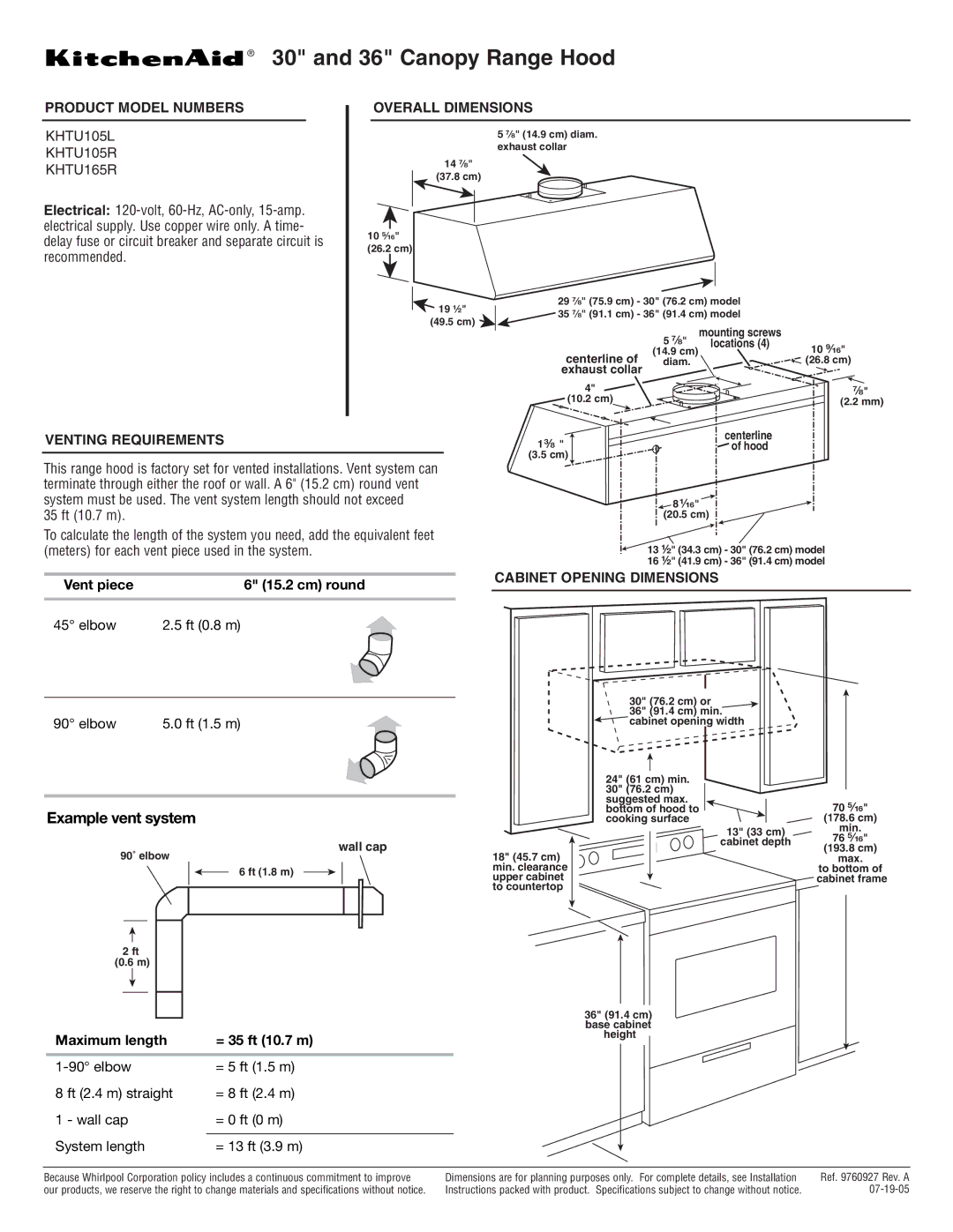 KitchenAid KHTU165R dimensions Canopy Range Hood, Example vent system, Product Model Numbers, Cabinet Opening Dimensions 