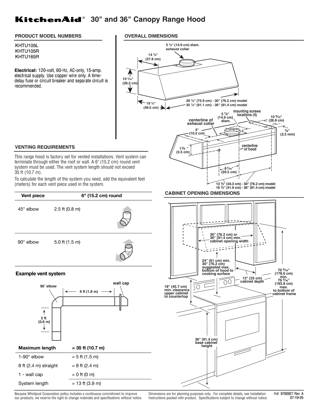 KitchenAid KHTU165R dimensions and 36 Canopy Range Hood, Example vent system, Product Model Numbers, Venting Requirements 