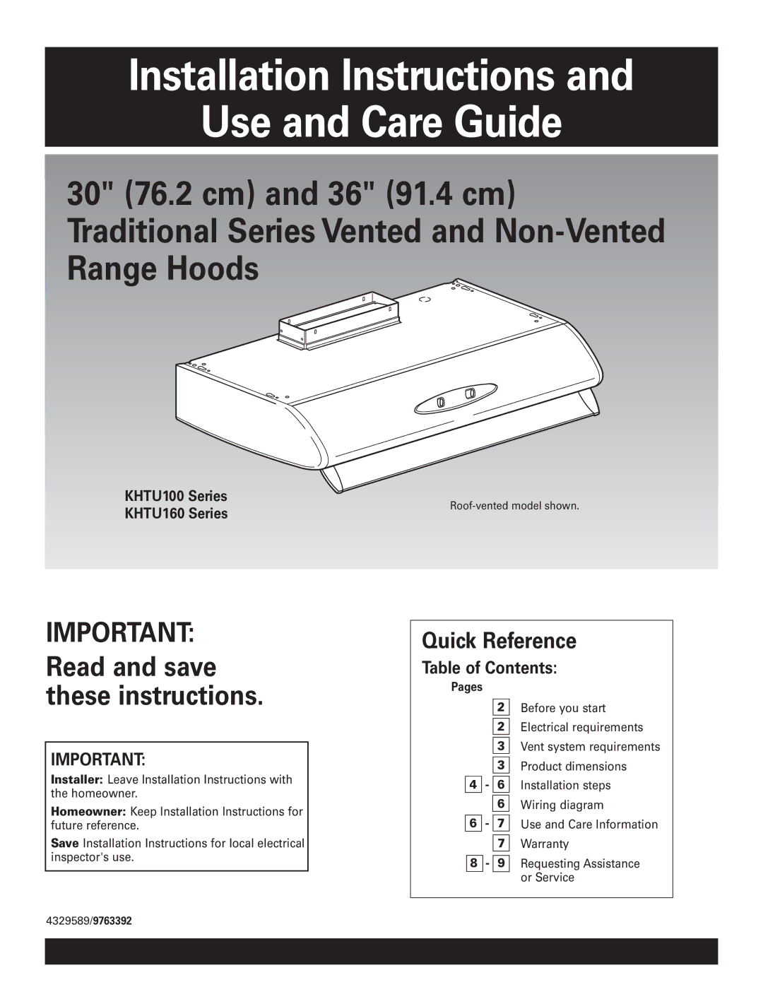 KitchenAid KHTU160 installation instructions Quick Reference, Table of Contents 