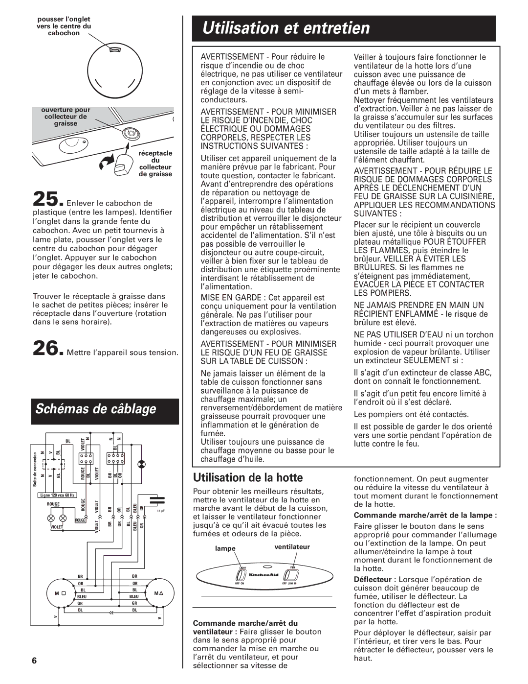 KitchenAid KHTU160 installation instructions Utilisation et entretien, Utilisation de la hotte 