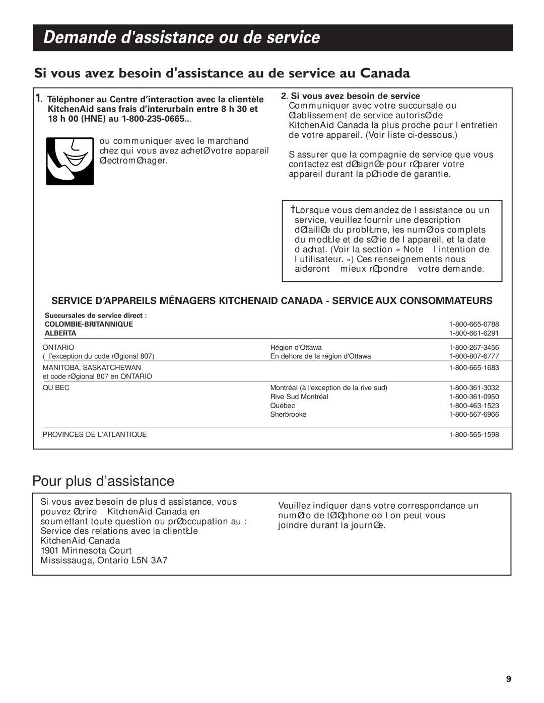 KitchenAid KHTU160 installation instructions Si vous avez besoin dassistance au de service au Canada 