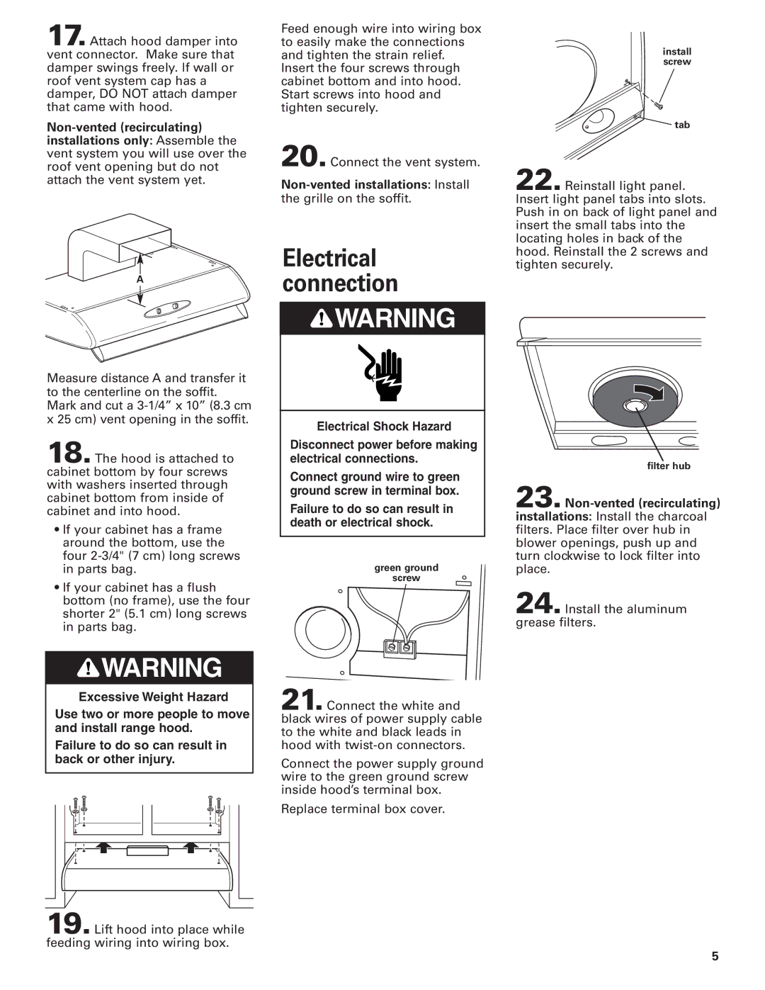 KitchenAid KHTU160 Electrical connection, Non-vented installations Install, Non-vented recirculating 