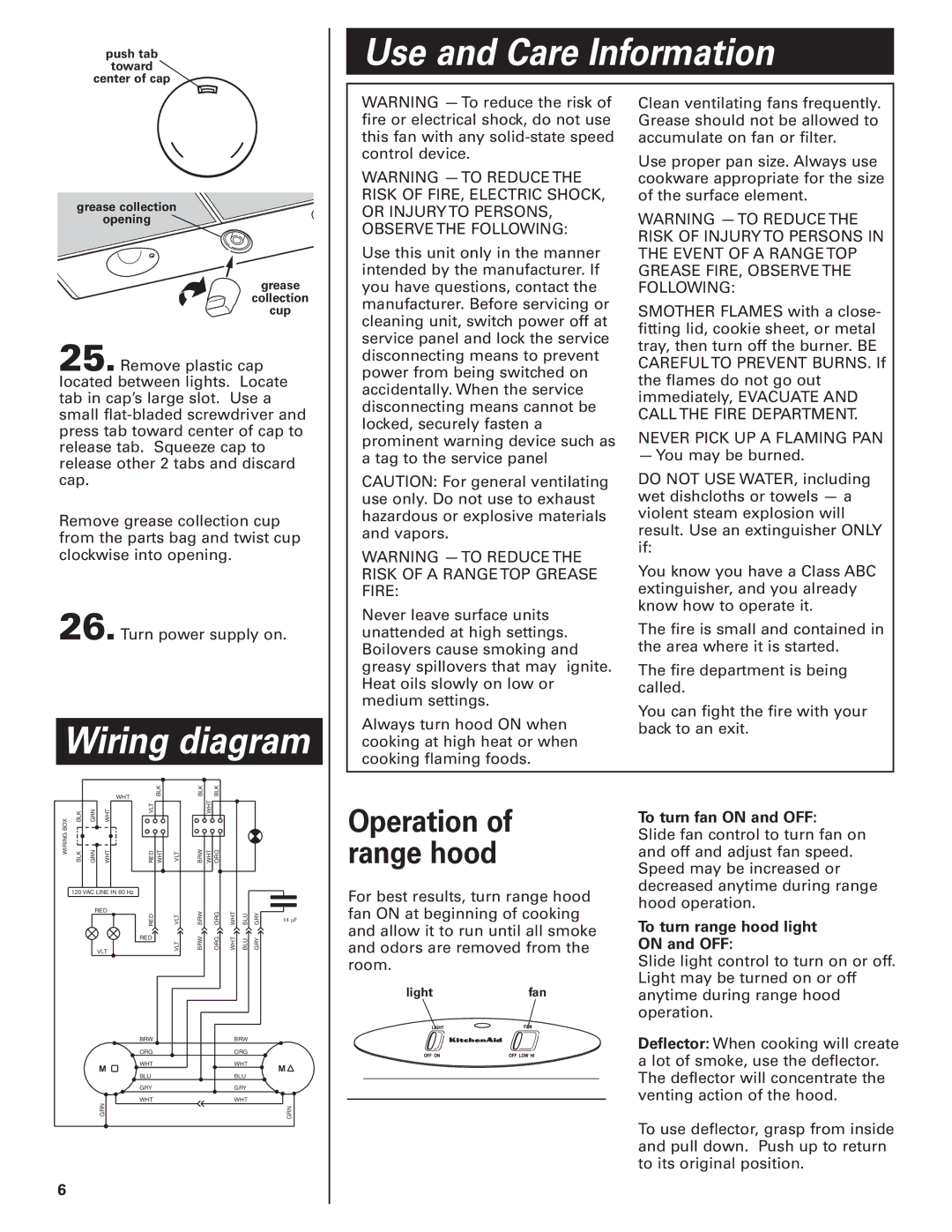 KitchenAid KHTU160 Use and Care Information, Wiring diagram, Operation of range hood, To turn fan on and OFF 