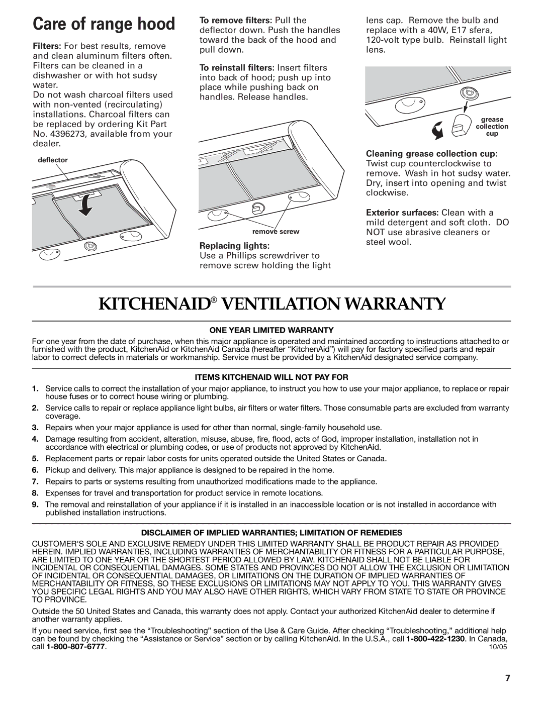 KitchenAid KHTU160 installation instructions Replacing lights, Cleaning grease collection cup 