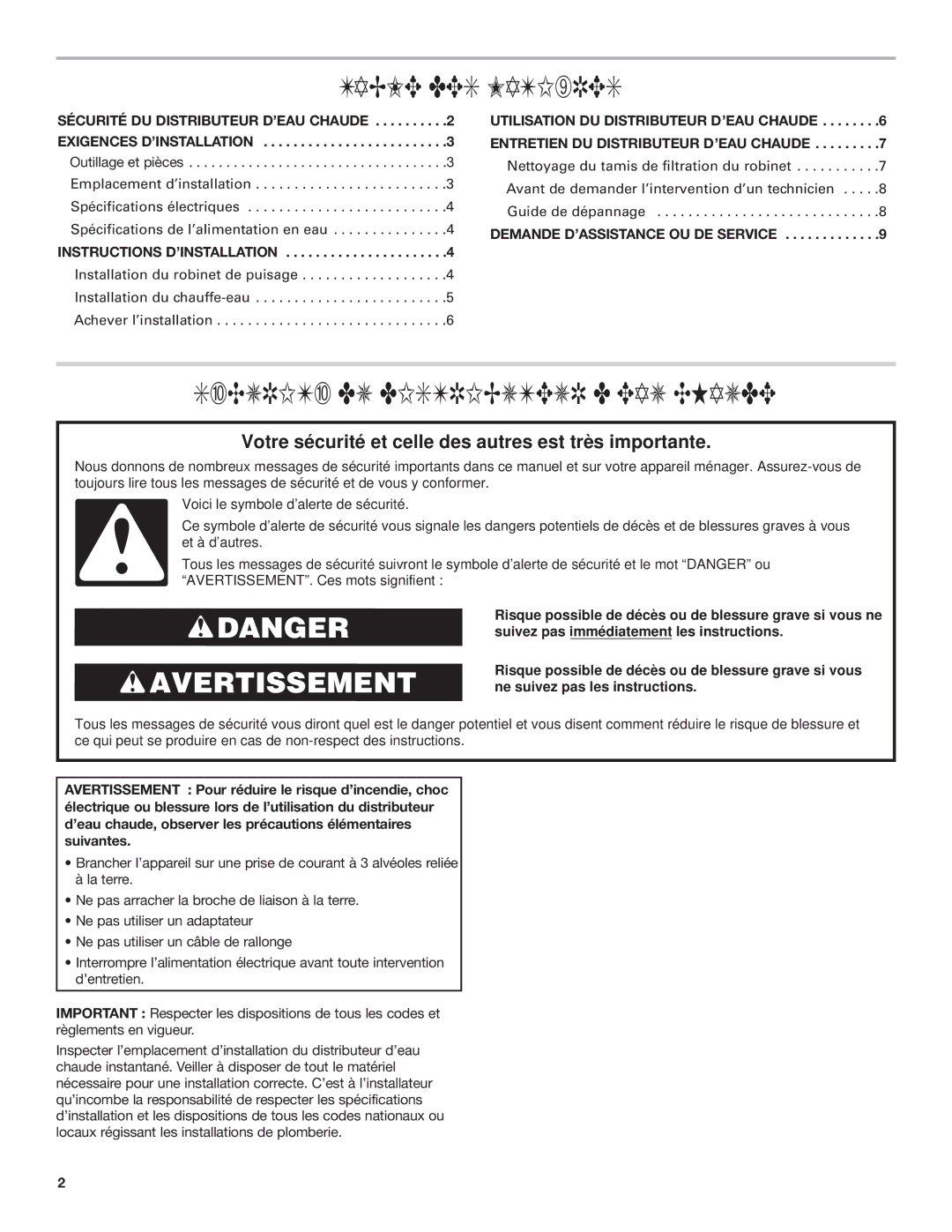 KitchenAid KHWG160, KHWL160, KHWC160 Table DES Matières, Sécurité DU Distributeur D’EAU Chaude, Instructions D’INSTALLATION 