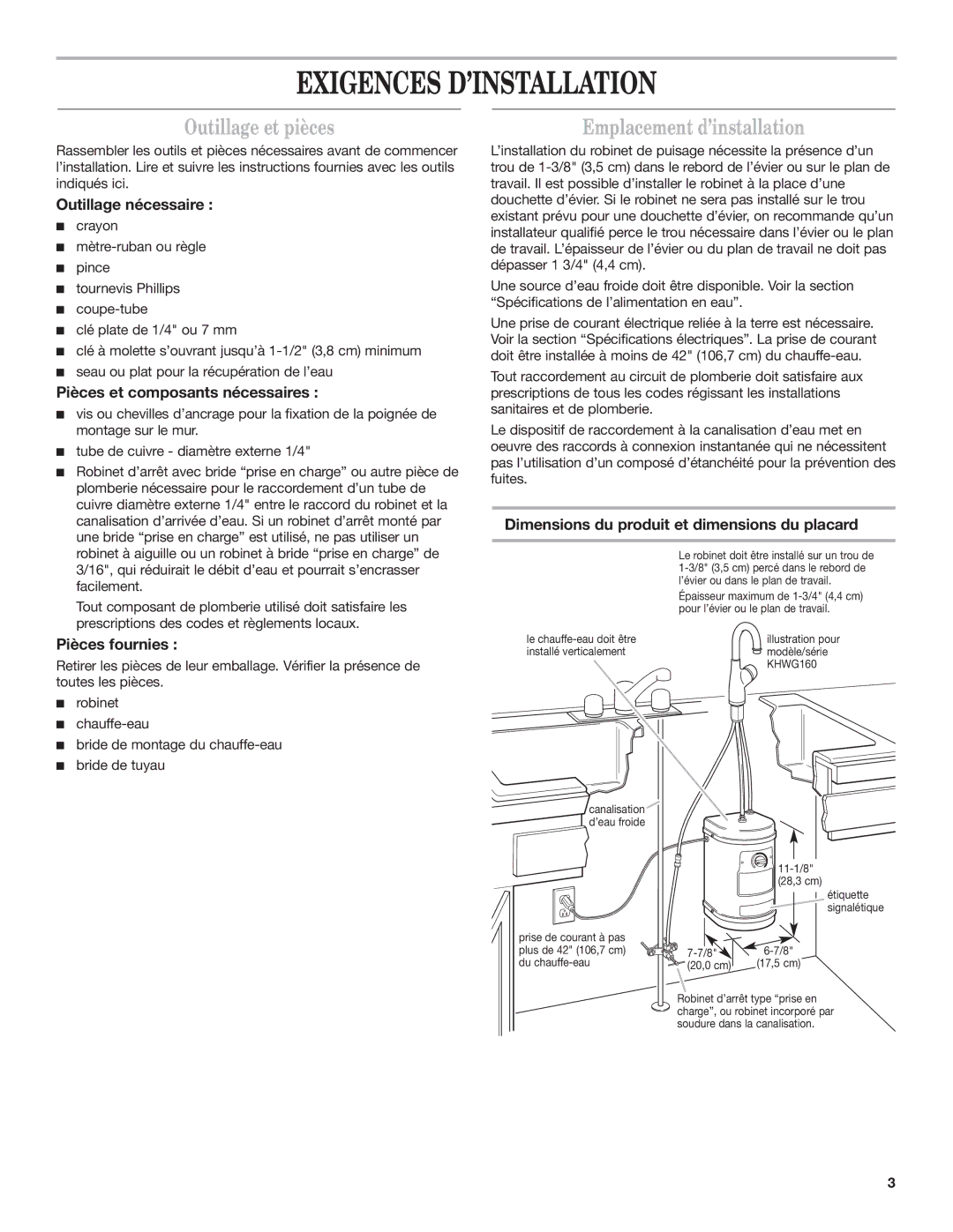 KitchenAid KHWL160, KHWG160, KHWC160 Exigences D’INSTALLATION, Outillage et pièces, Emplacement d’installation 