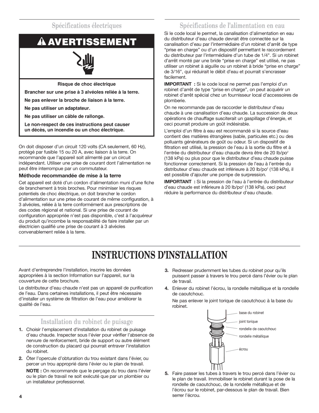 KitchenAid KHWC160 Instructions D’INSTALLATION, Spécifications électriques, Spécifications de l’alimentation en eau 