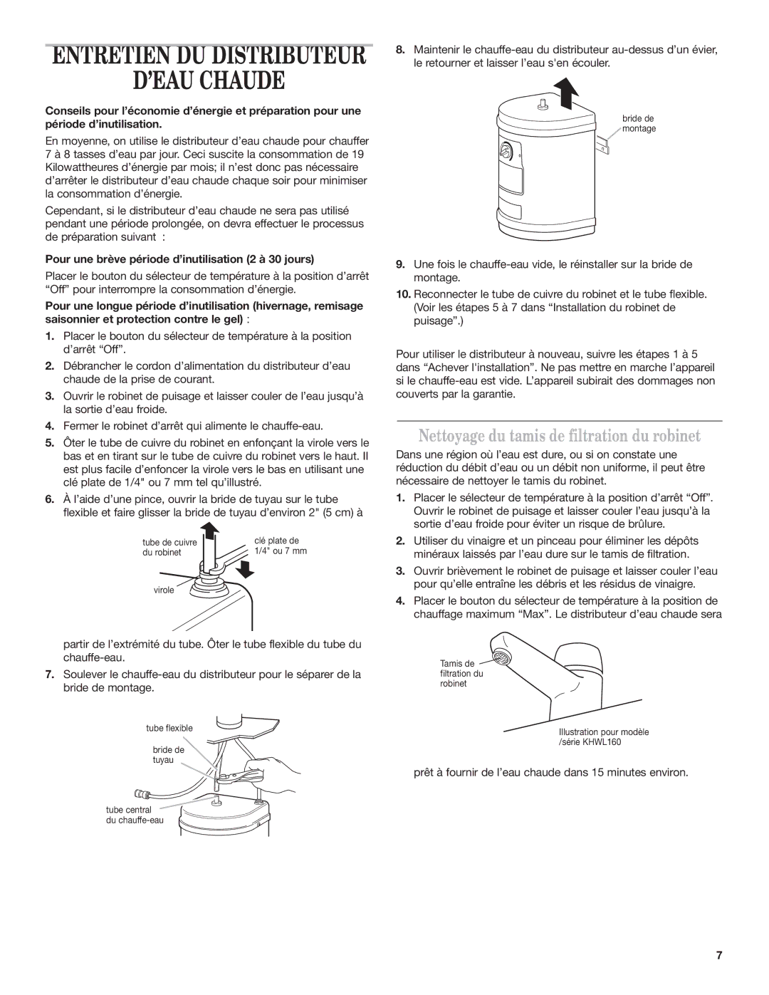 KitchenAid KHWC160, KHWG160, KHWL160 installation instructions ’EAU Chaude, Nettoyage du tamis de filtration du robinet 