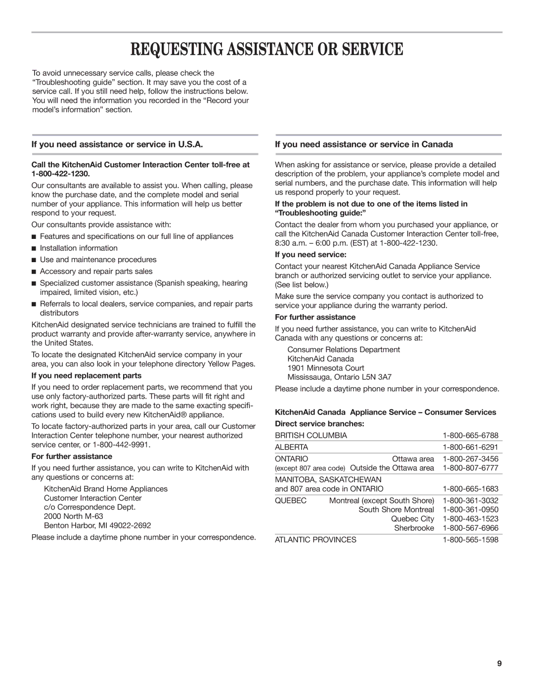 KitchenAid KHWG160, KHWL160, KHWC160 Requesting Assistance or Service, If you need assistance or service in U.S.A 