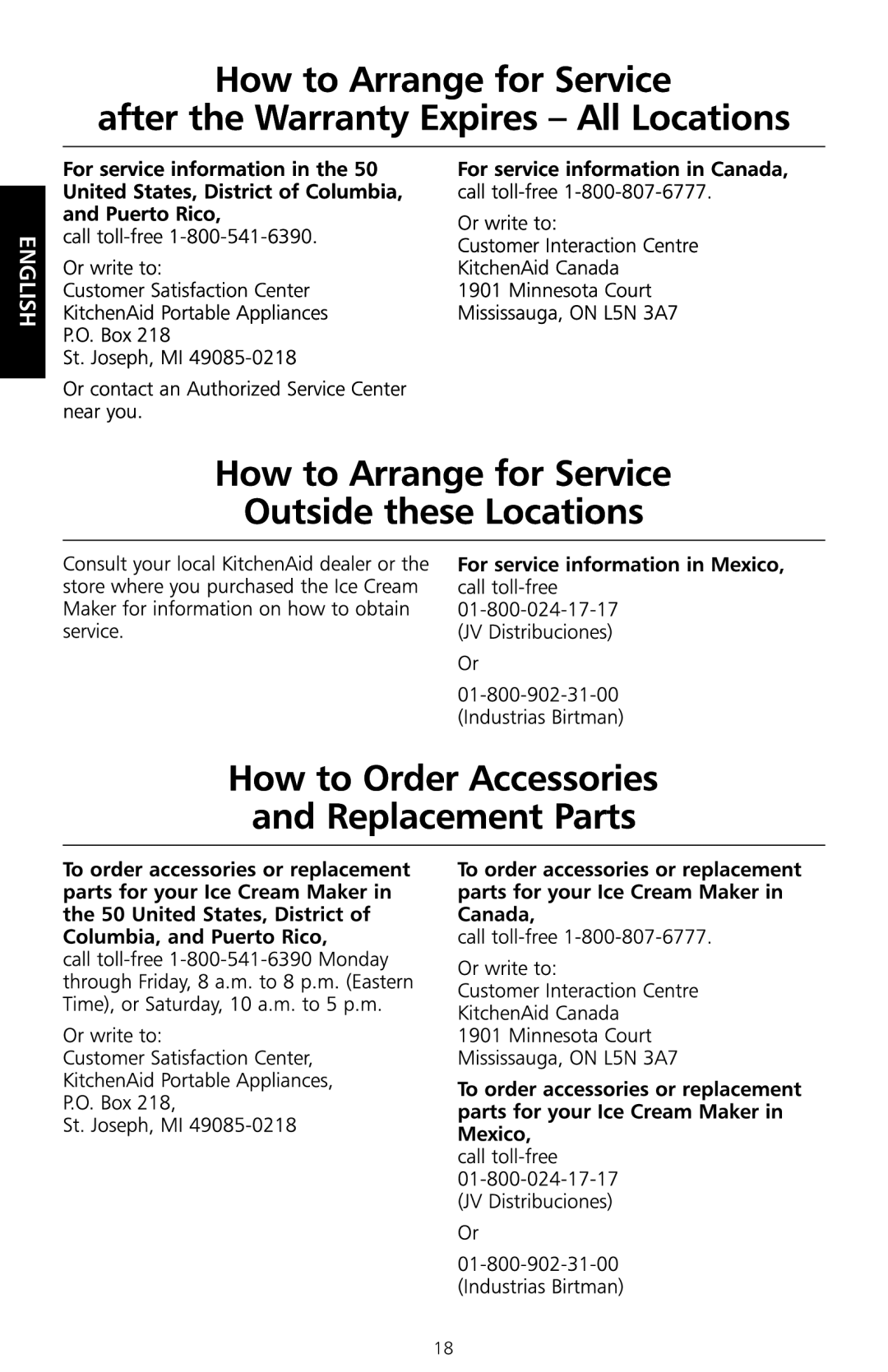 KitchenAid KICA manual Or write to Customer Interaction Centre KitchenAid Canada 