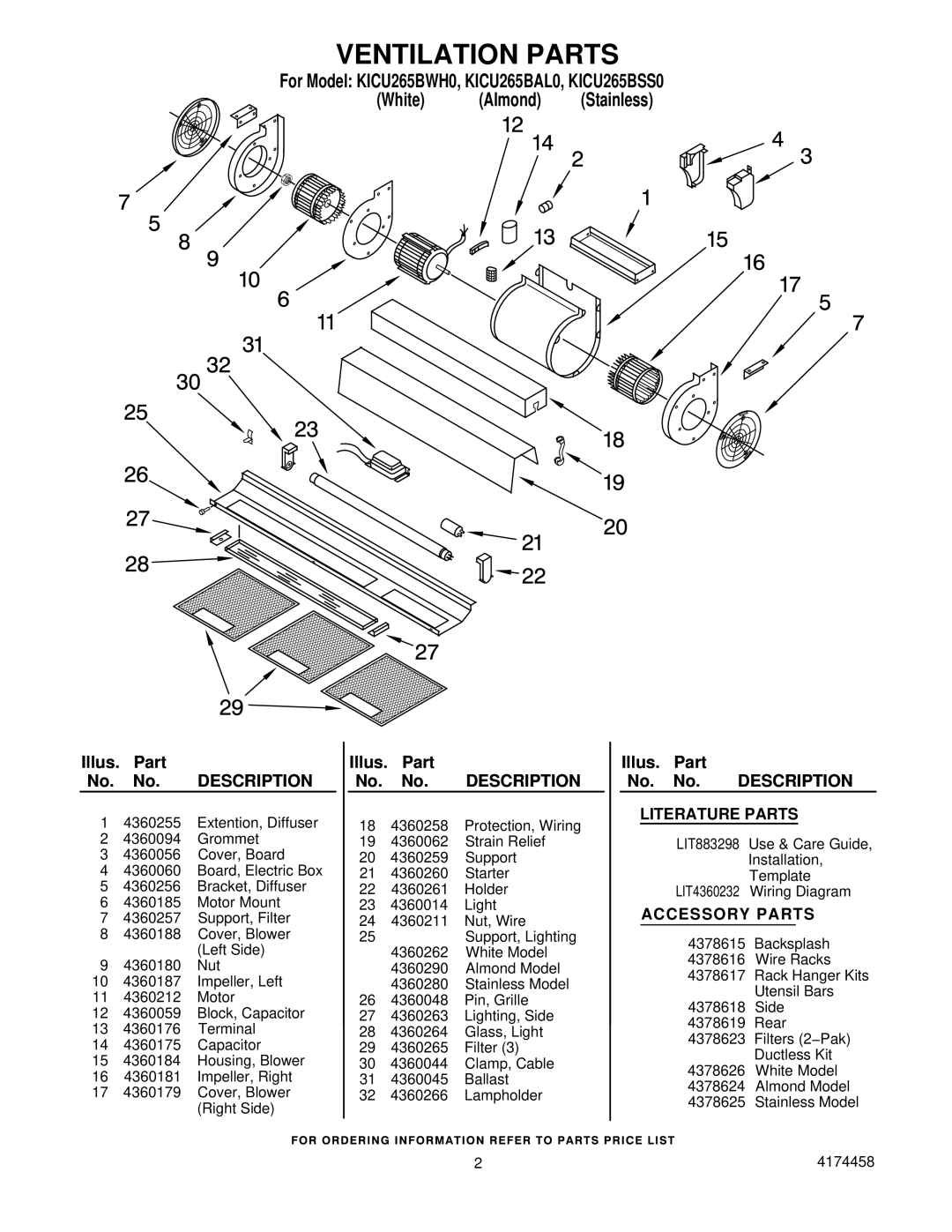 KitchenAid KICU265BAL0, KICU265BWH0, KICU265BSS0 manual Literature Parts, Accessory Parts 