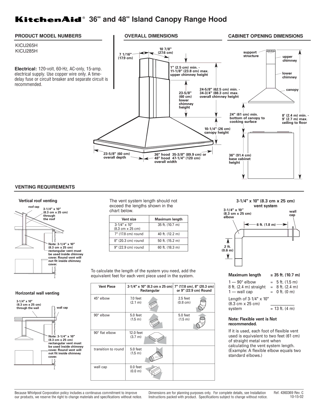 KitchenAid KICU265H, KICU285H, 423 dimensions Island Canopy Range Hood, Product Model Numbers, Venting Requirements 