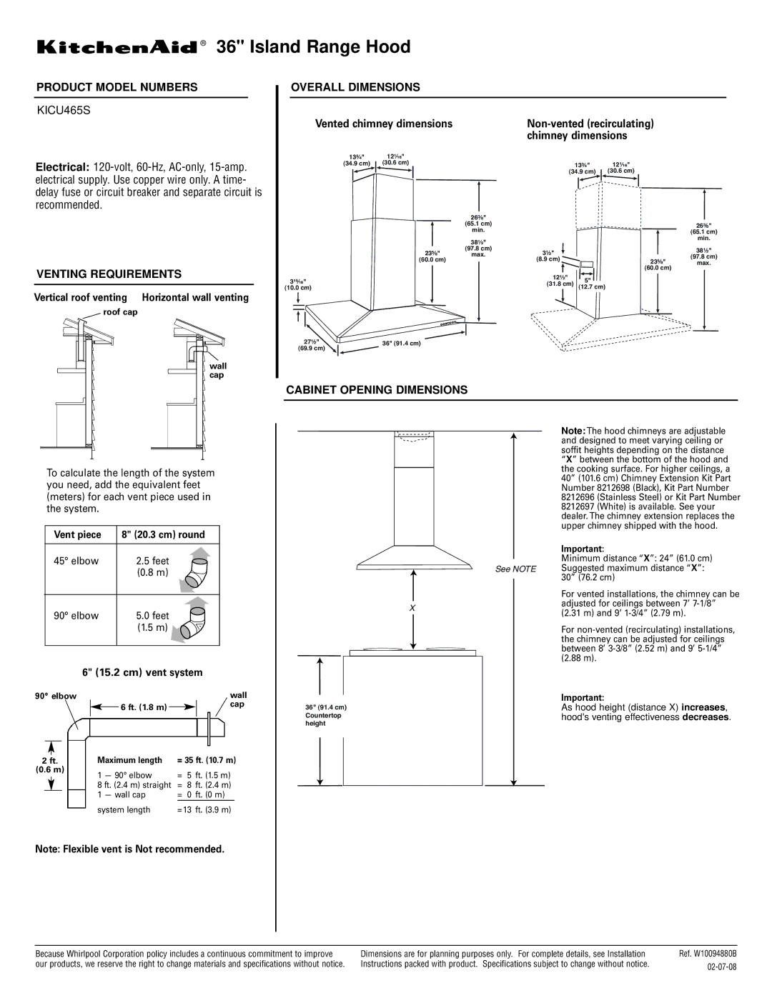 KitchenAid KICU465S dimensions Island Range Hood, Product Model Numbers, Venting Requirements, Overall Dimensions 