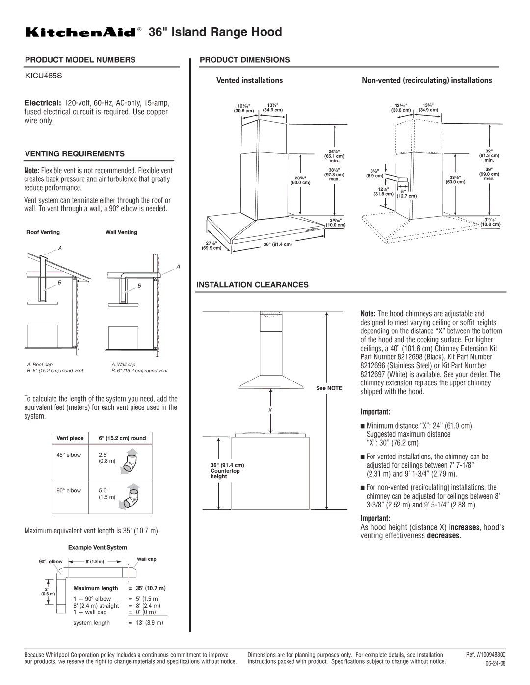 KitchenAid KICU465S dimensions Product Model Numbers, Venting Requirements, Product Dimensions, Installation Clearances 