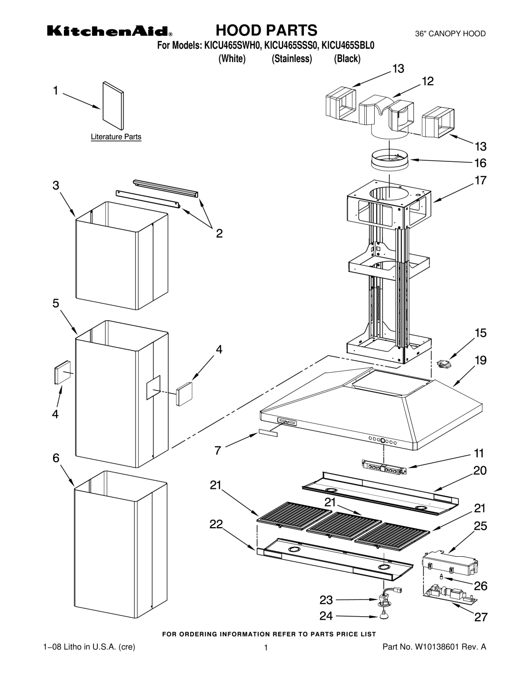 KitchenAid KICU465SWH0, KICU465SBL0 manual Hood Parts 