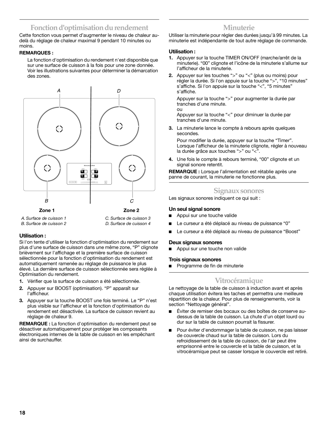 KitchenAid KICU500X manual Fonctiondoptimisationdurendement, Minuterie, Signaux sonores, Vitrocéramique 