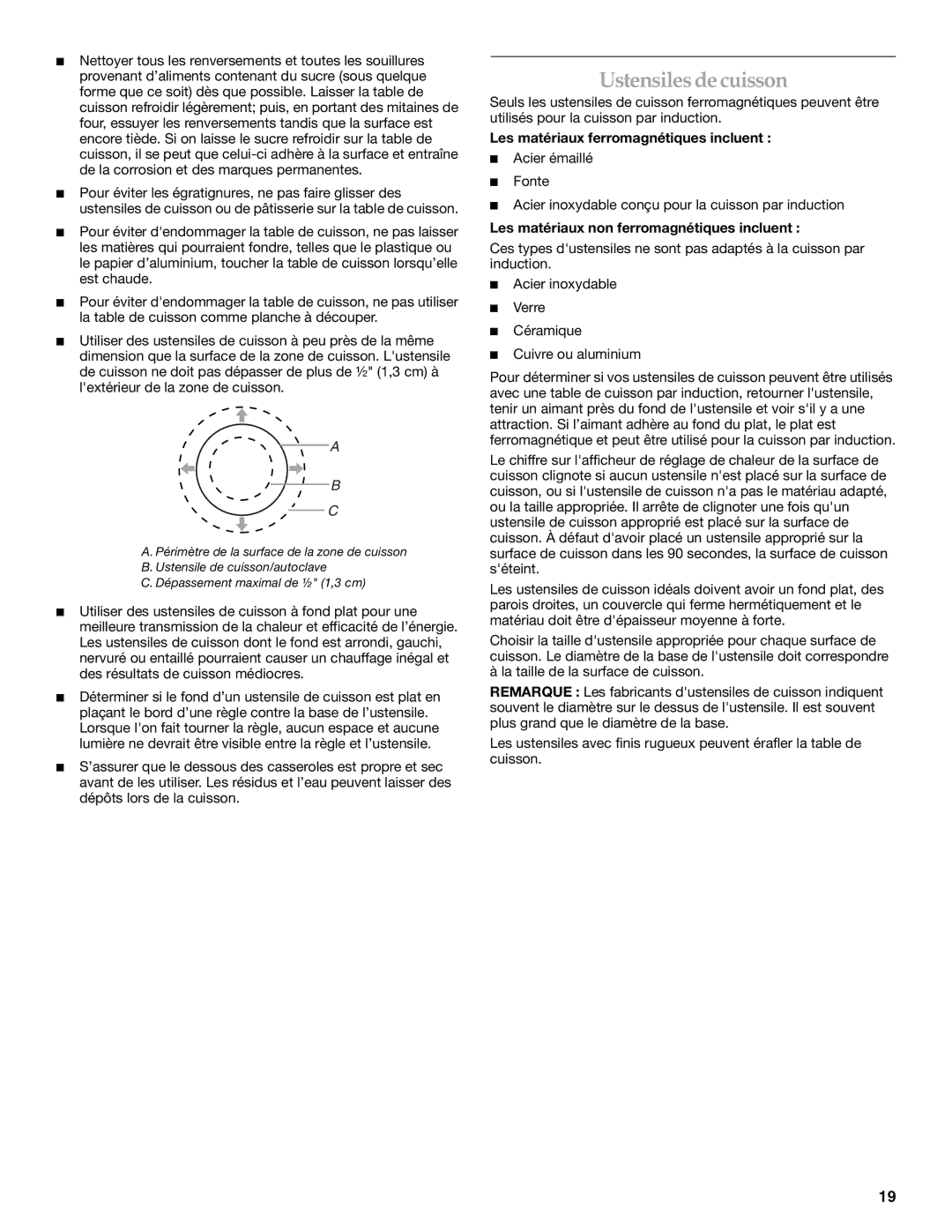 KitchenAid KICU500X manual Ustensilesdecuisson, Les matériaux ferromagnétiques incluent 