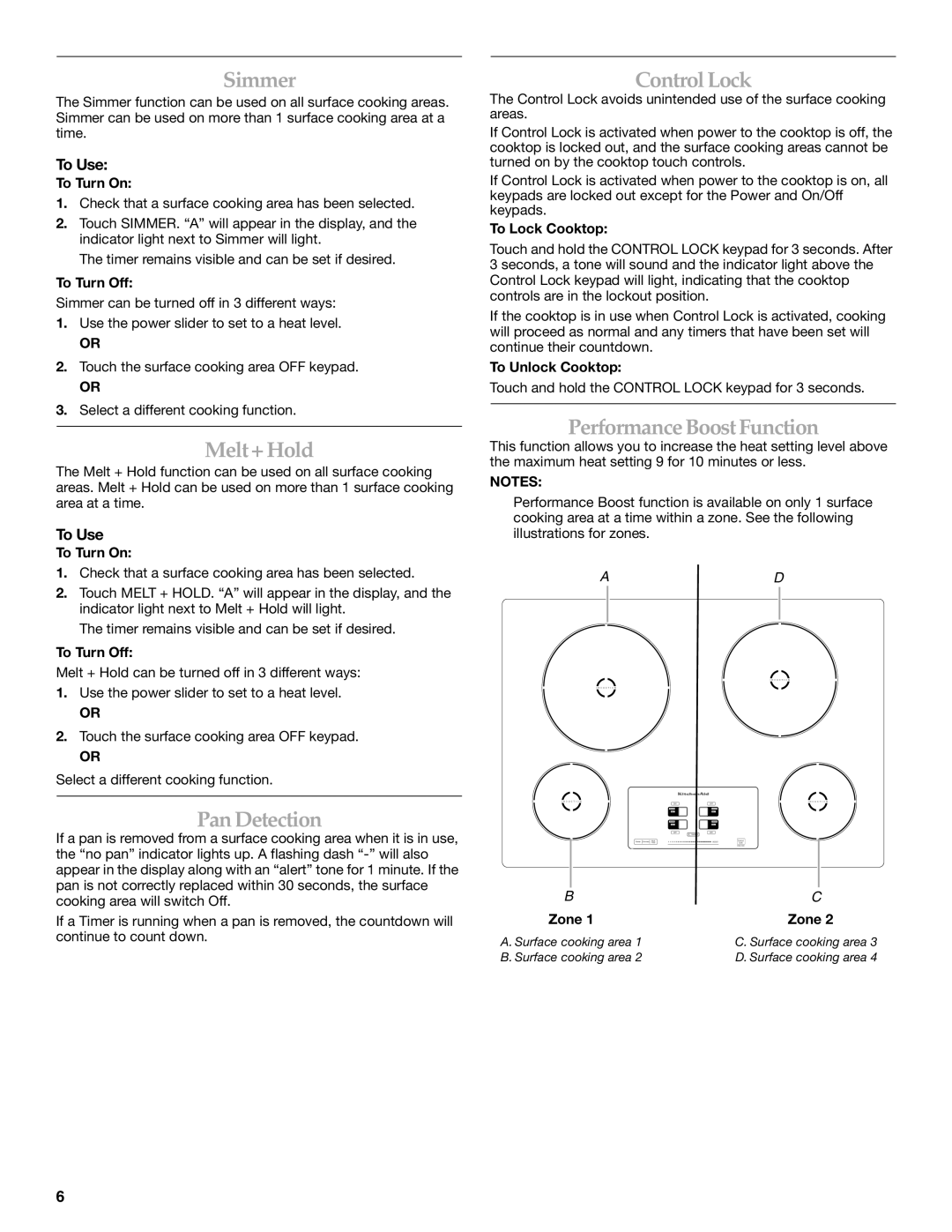 KitchenAid KICU500X manual Simmer, Melt+ Hold, PanDetection, ControlLock, Performance BoostFunction 