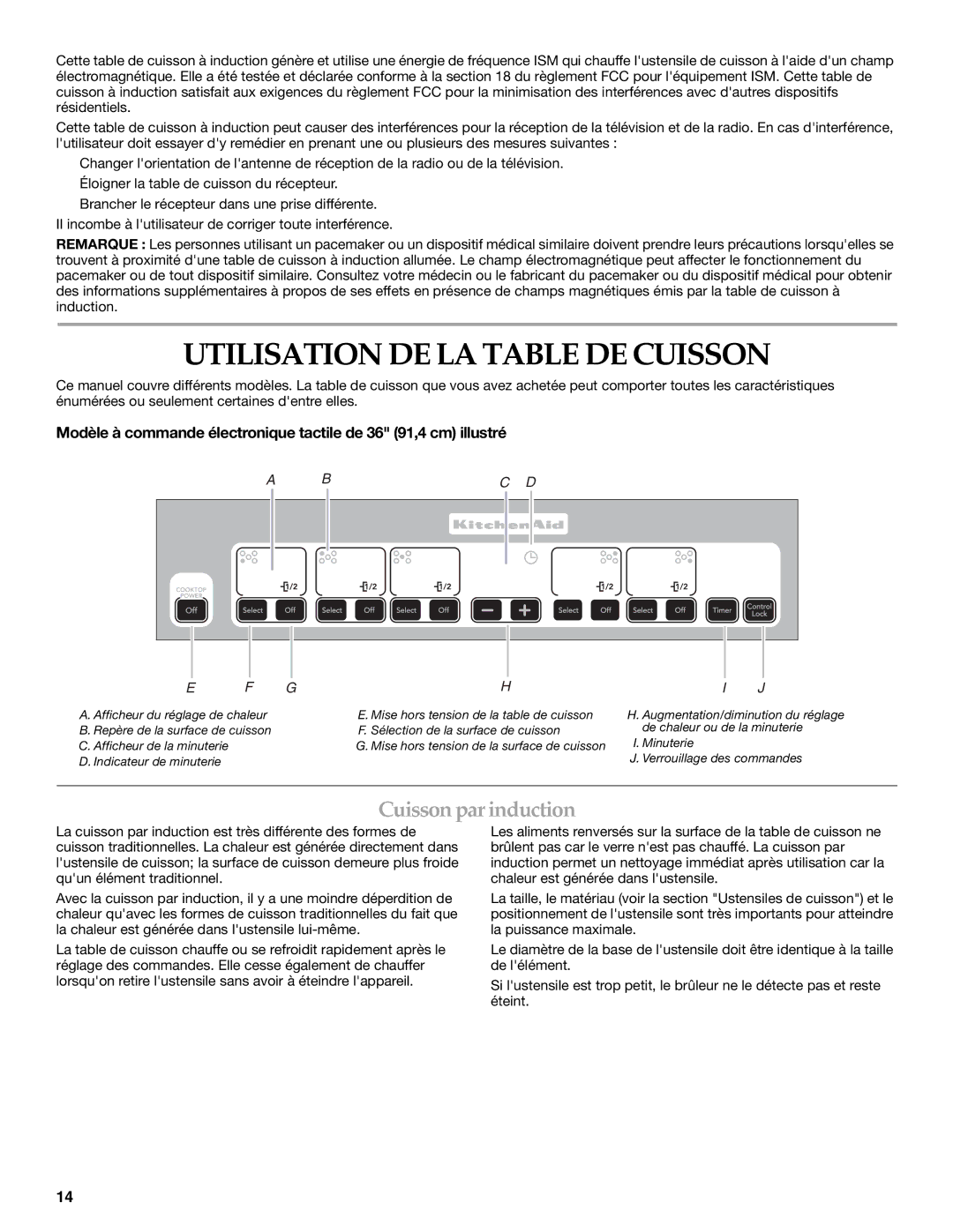 KitchenAid KICU508S, KICU568S manual Utilisation DE LA Table DE Cuisson, Cuissonparinduction 