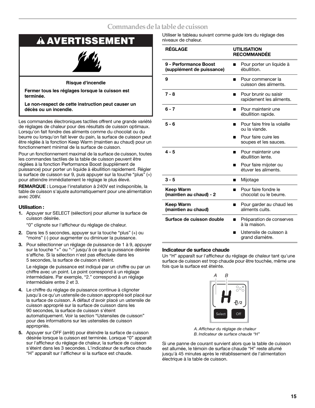 KitchenAid KICU568S, KICU508S manual Commandesdelatabledecuisson, Utilisation, Indicateur de surface chaude 