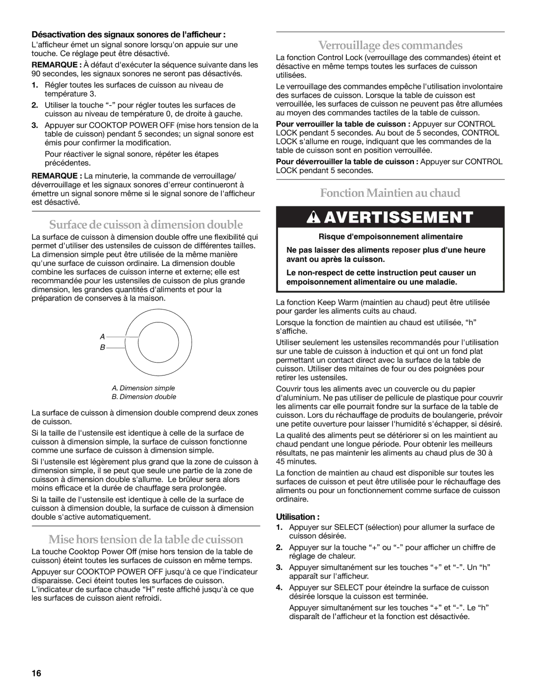 KitchenAid KICU508S manual Surfacedecuissonàdimensiondouble, Misehorstensiondelatabledecuisson, Verrouillagedescommandes 