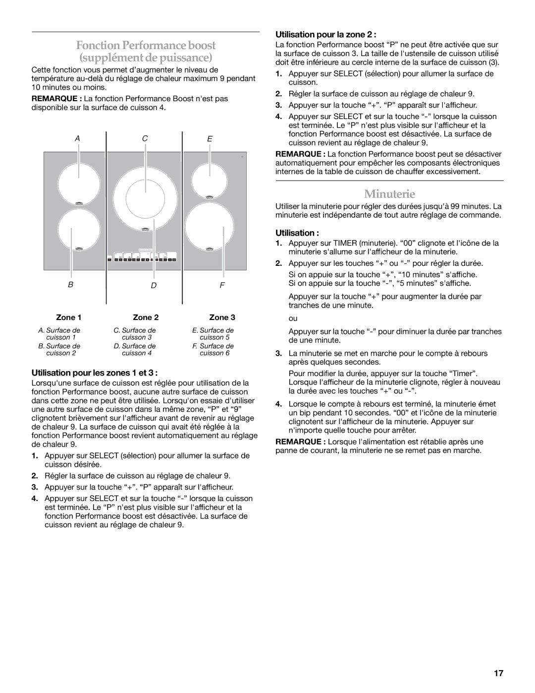 KitchenAid KICU568S, KICU508S manual Minuterie, Utilisation pour les zones 1 et, Utilisation pour la zone 