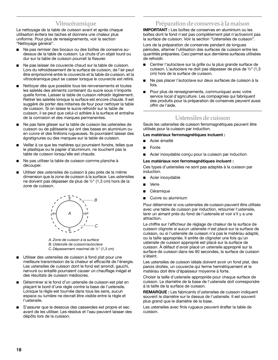 KitchenAid KICU508S, KICU568S manual Vitrocéramique, Préparationdeconservesàlamaison, Ustensilesdecuisson 