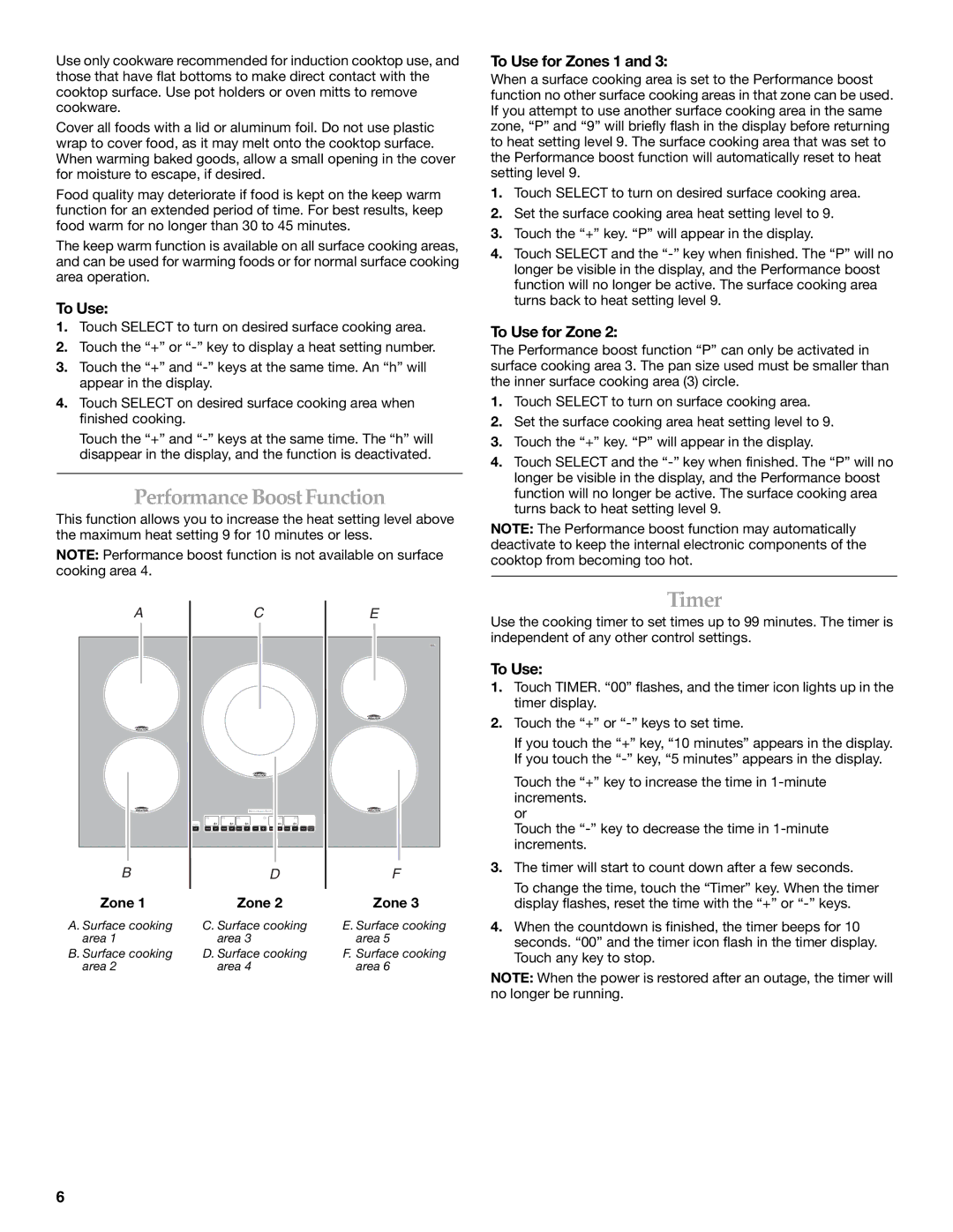 KitchenAid KICU508S, KICU568S manual PerformanceBoostFunction, Timer, To Use for Zones 1 