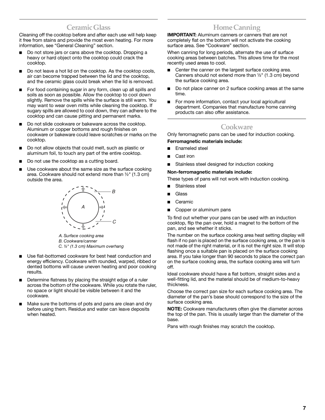KitchenAid KICU568S, KICU508S manual CeramicGlass, HomeCanning, Cookware, Ferromagnetic materials include 