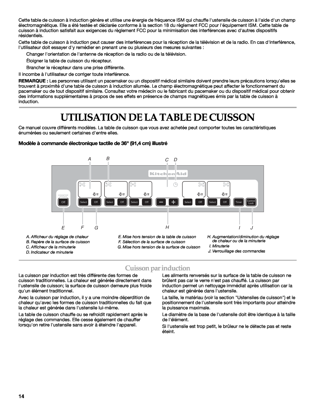 KitchenAid KICU508S, KICU568S manual Utilisation De La Table De Cuisson, Cuissonparinduction, A Bc D 