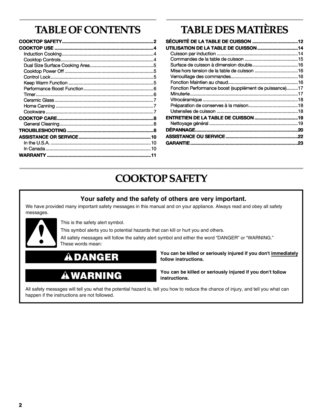KitchenAid KICU508S, KICU568S manual Table Of Contents, Table Des Matières, Cooktop Safety, Danger 