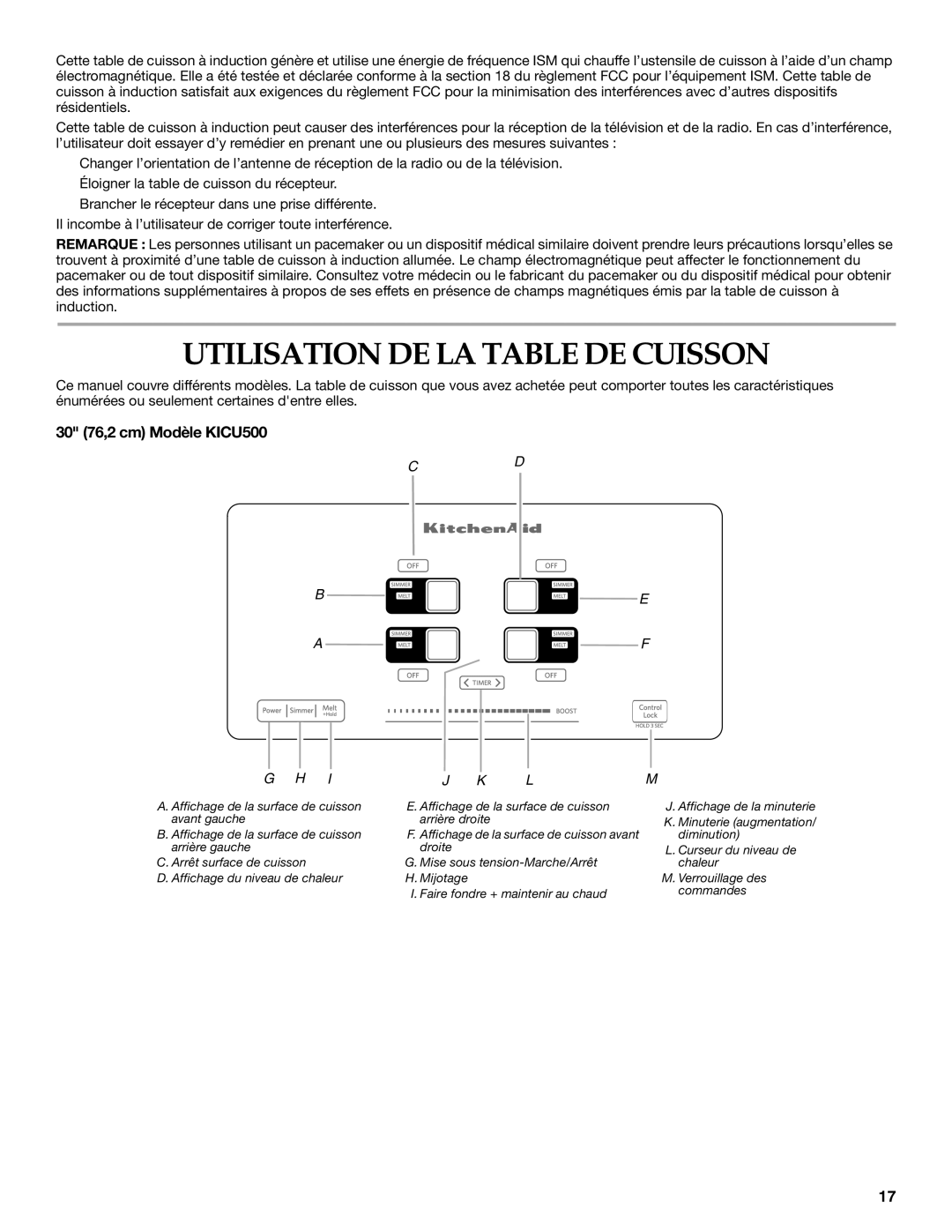 KitchenAid KICU509, KICU569 manual Utilisation DE LA Table DE Cuisson, 30 76,2 cm Modèle KICU500 