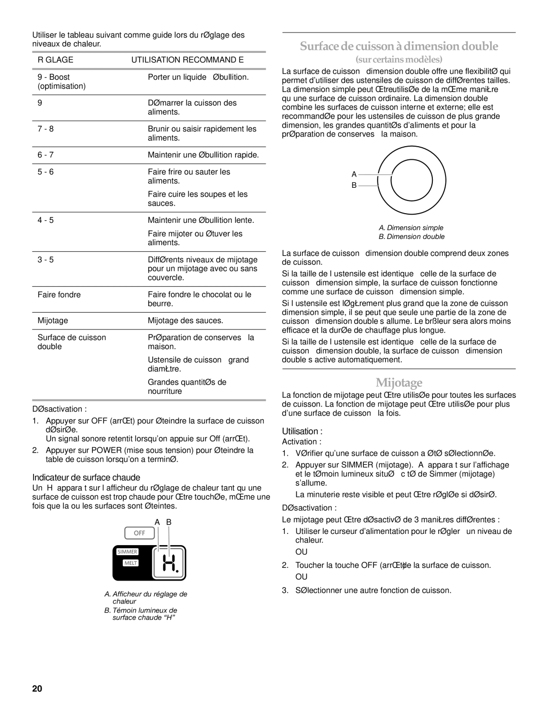 KitchenAid KICU500, KICU509, KICU569 manual Surfacedecuisson àdimensiondouble, Mijotage, Indicateur de surface chaude 