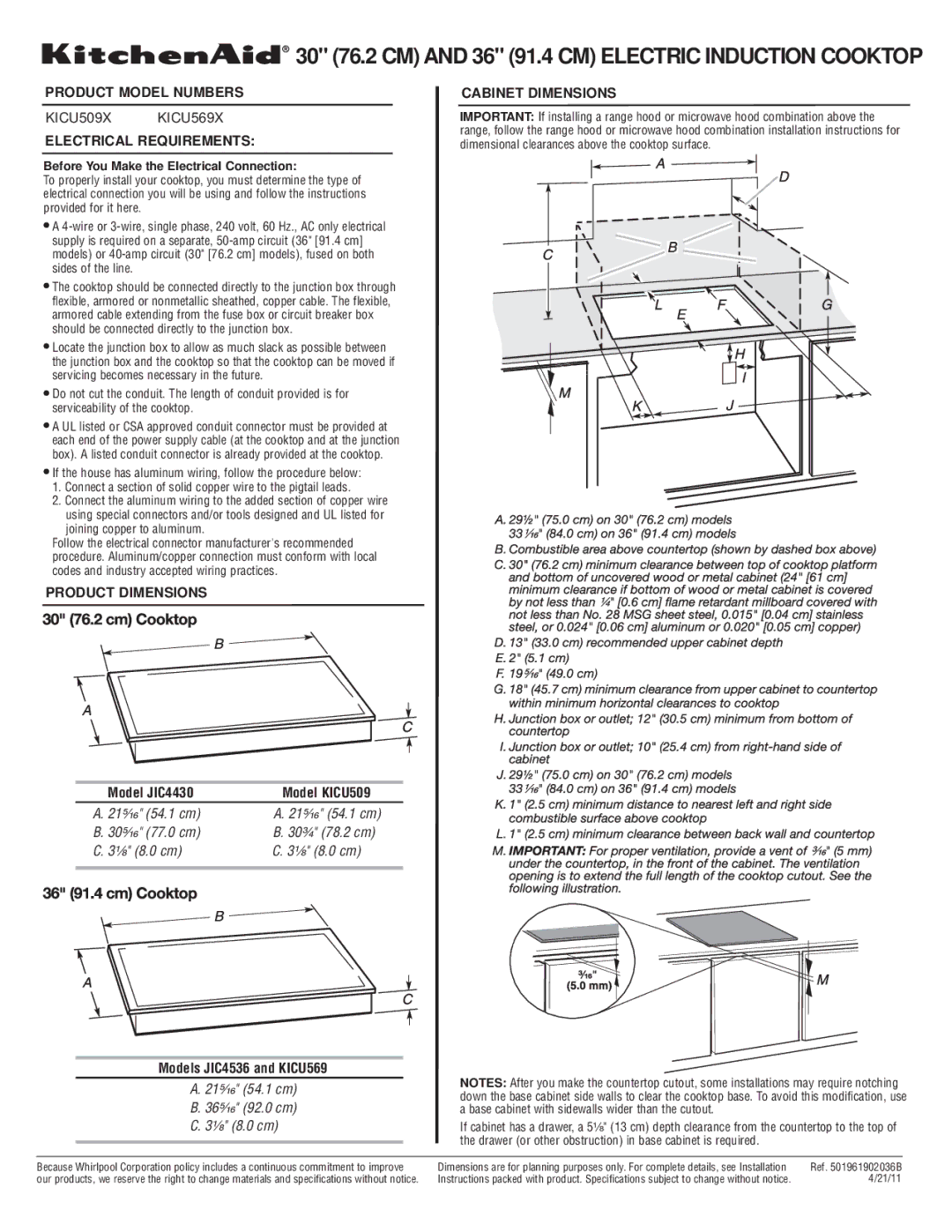 KitchenAid KICU509X KICU569X dimensions 30 76.2 CM and 36 91.4 CM Electric Induction Cooktop, Model JIC4430 Model KICU509 