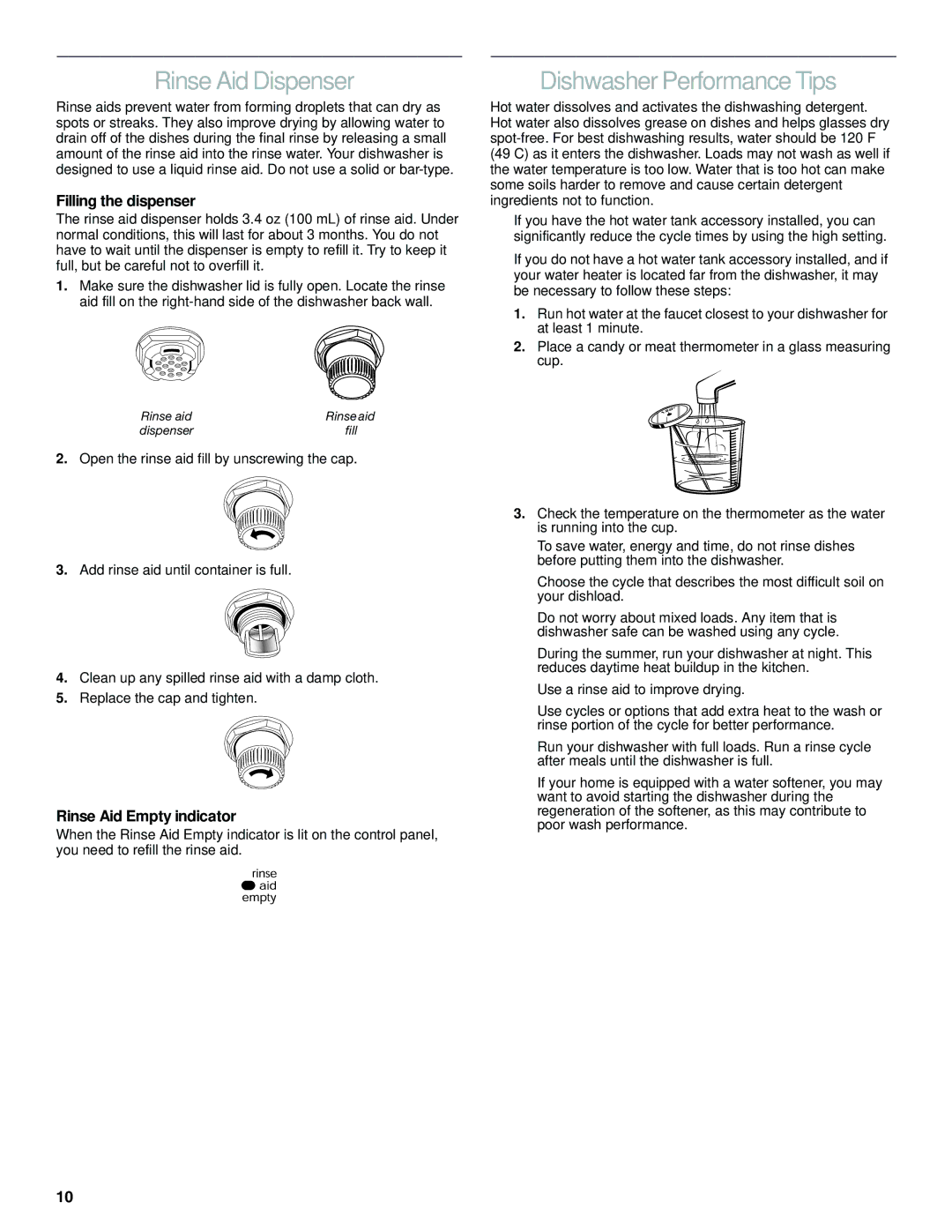 KitchenAid KIDS01EK Rinse Aid Dispenser, Dishwasher Performance Tips, Filling the dispenser, Rinse Aid Empty indicator 