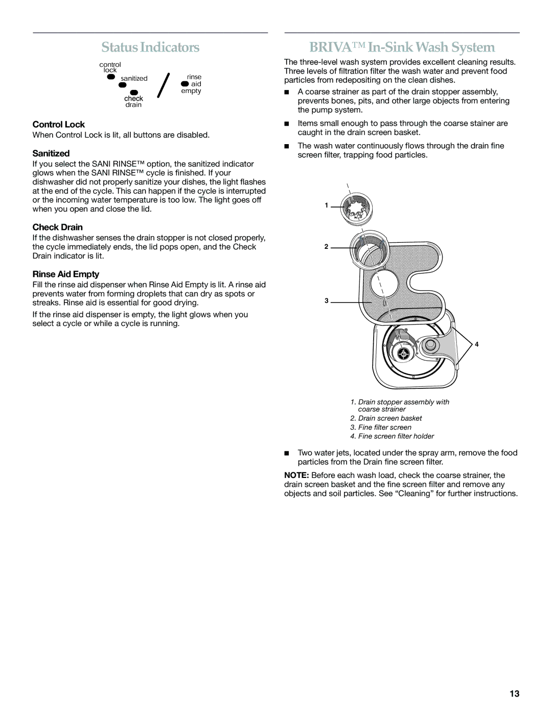 KitchenAid KIDS01EK manual Status Indicators, BRIVAIn-Sink Wash System, Sanitized, Check Drain, Rinse Aid Empty 