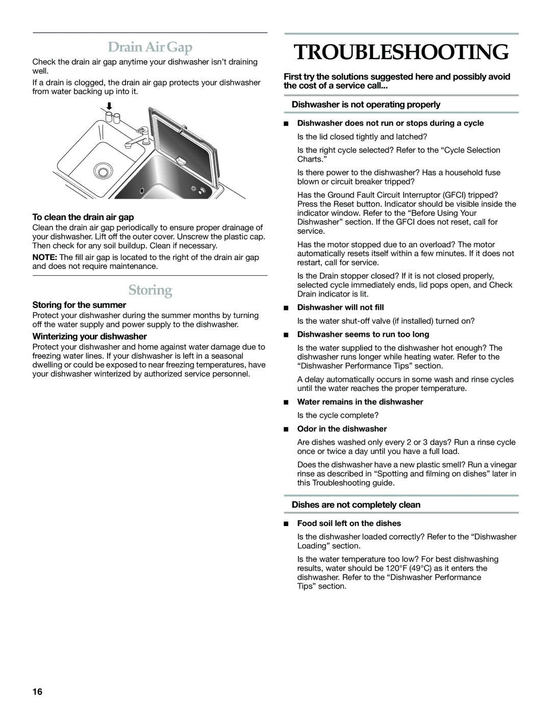 KitchenAid KIDS01EK manual Troubleshooting, Drain Air Gap, Storing 