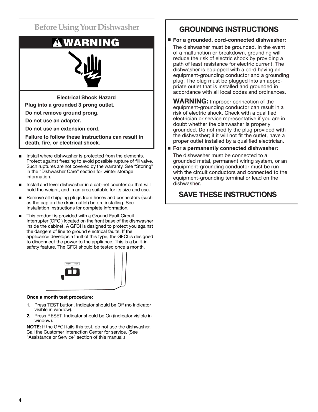 KitchenAid KIDS01EK manual Before Using Your Dishwasher, Once a month test procedure 